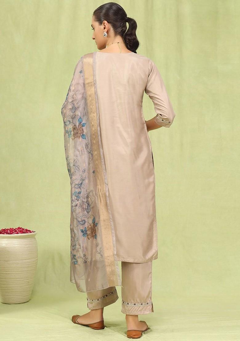Beige Floral Embroidered Poly Blend Kurta Set