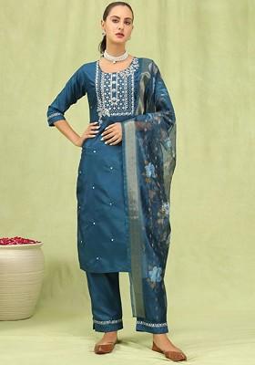 Blue Floral Embroidered Poly Blend Kurta Set