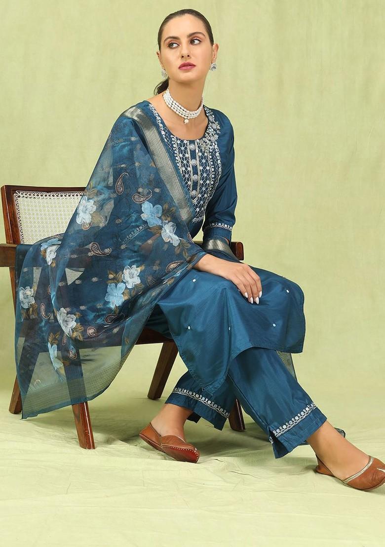 Blue Floral Embroidered Poly Blend Kurta Set