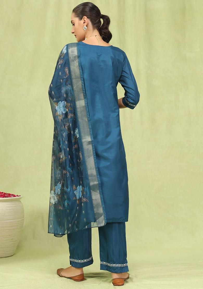 Blue Floral Embroidered Poly Blend Kurta Set