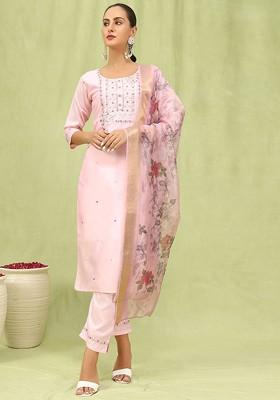 Pink Printed Poly Blend Kurta Set