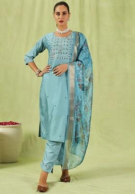 Blue Floral Embroidered Poly Blend Kurta Set