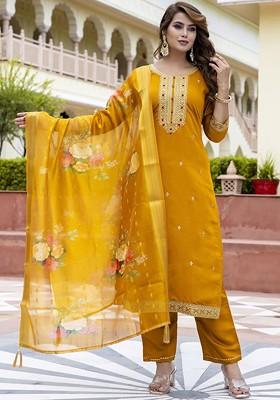 Mustard Floral Embroidered Poly Blend Kurta Set