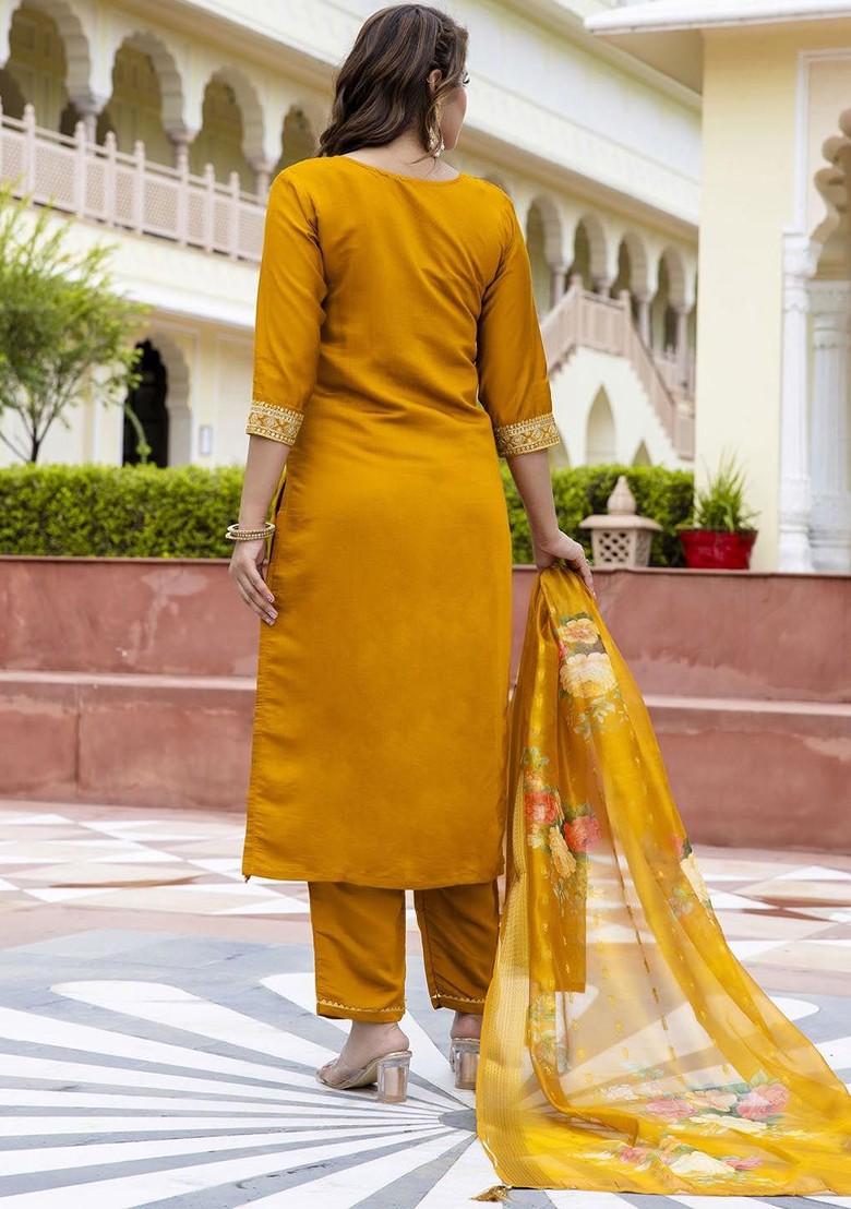 Mustard Floral Embroidered Poly Blend Kurta Set
