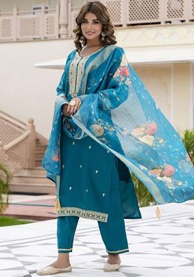 Blue Ethnic Motifs Embroidery Poly Blend Kurta Set