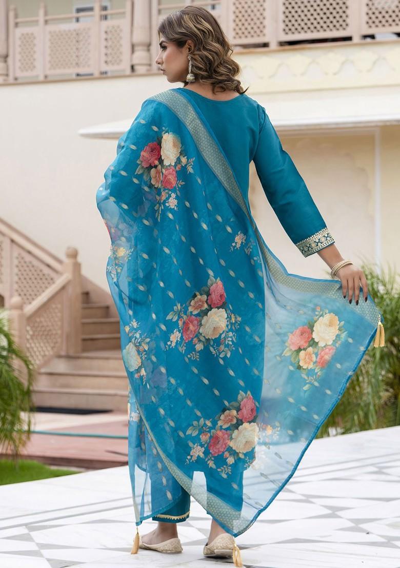 Blue Ethnic Motifs Embroidery Poly Blend Kurta Set
