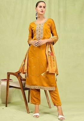 Mustard Floral Embroidered Poly Blend Kurta Set