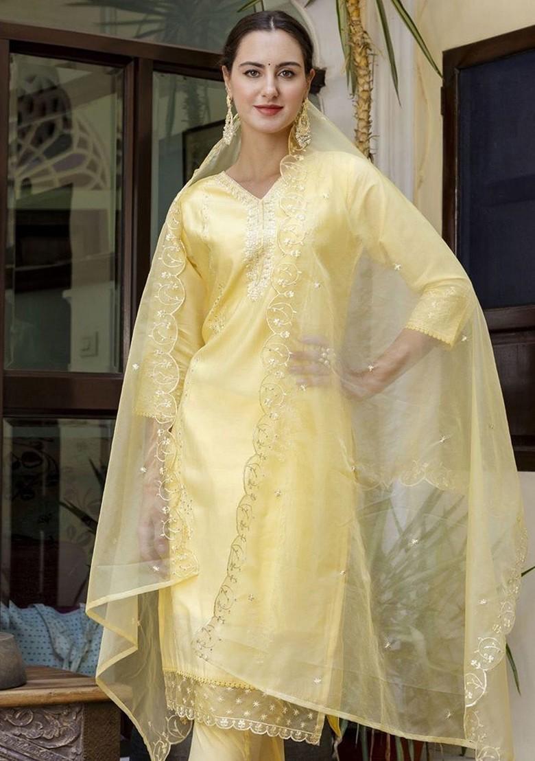Yellow Floral Embroidered Poly Blend Kurta Set