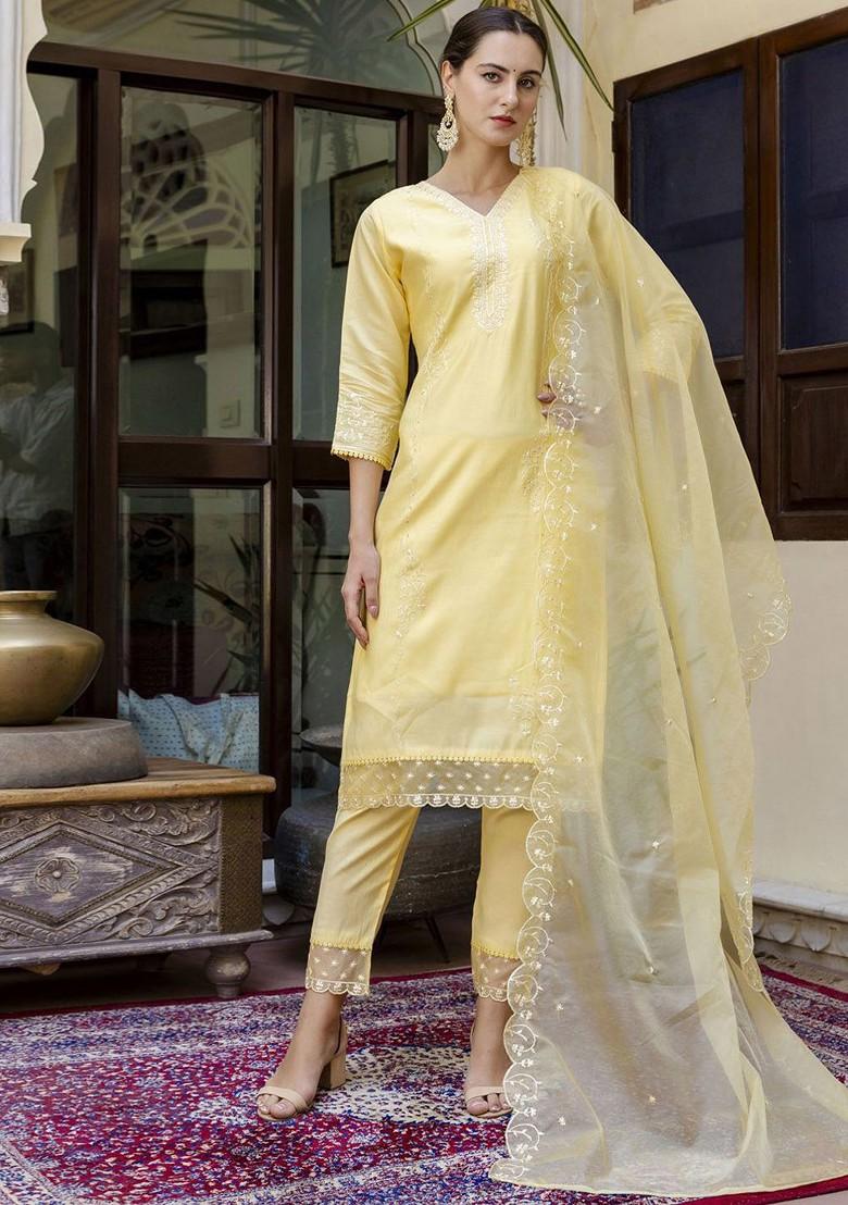 Yellow Floral Embroidered Poly Blend Kurta Set