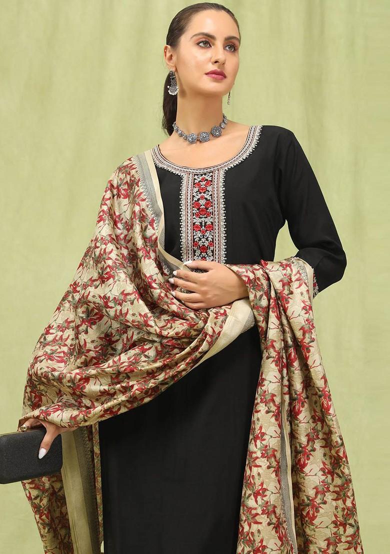 Black Floral Embroidered Poly Blend Kurta Set