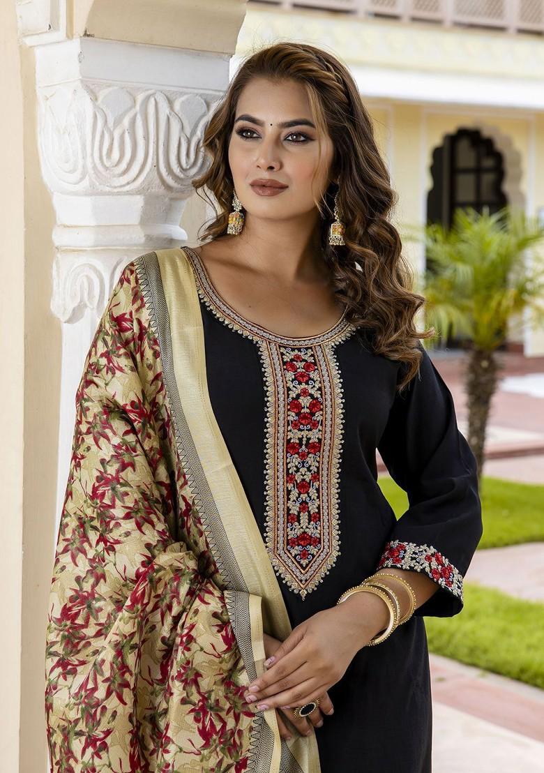 Black Floral Embroidered Poly Blend Kurta Set