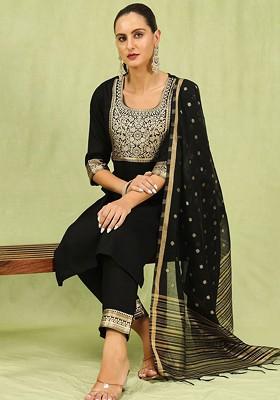 Black Embroidered Poly Blend Kurta Set