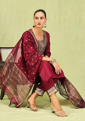 Maroon Floral Embroidered Poly Blend Kurta Set