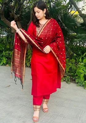 Maroon Printed Poly Blend Kurta Set