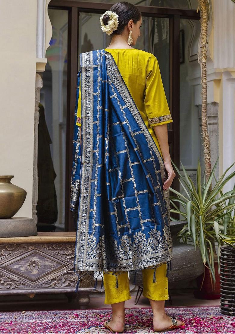 Yellow Printed Poly Blend Kurta Set