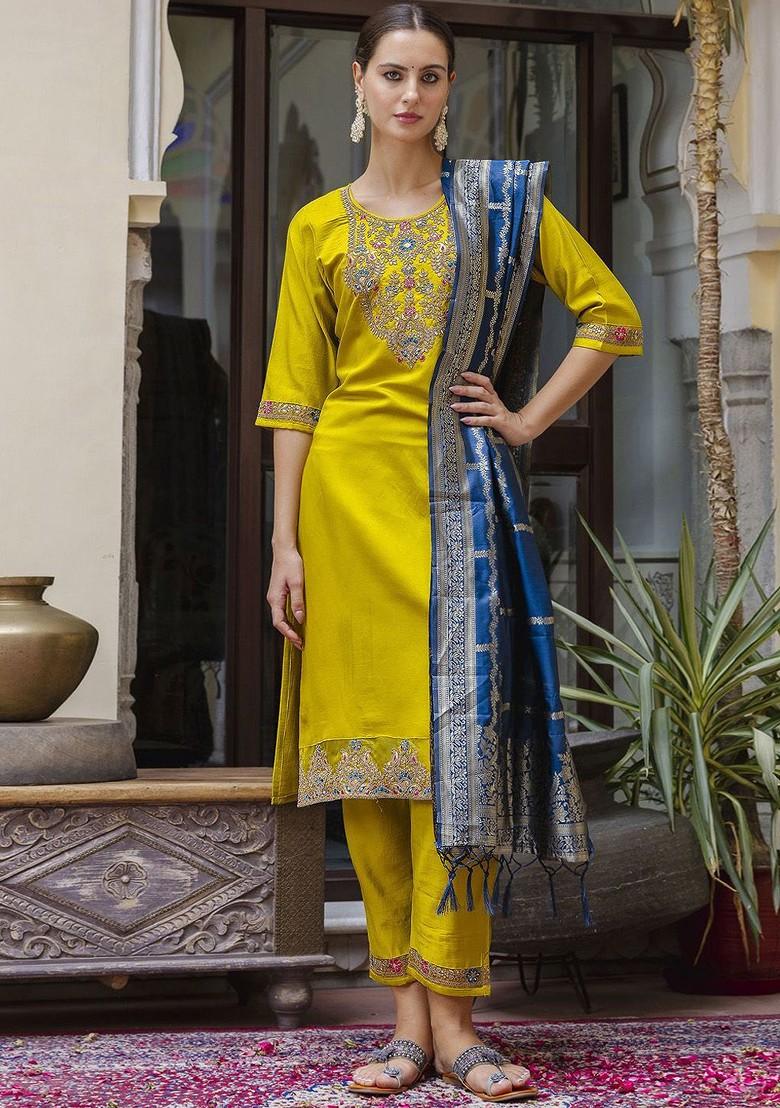 Yellow Printed Poly Blend Kurta Set