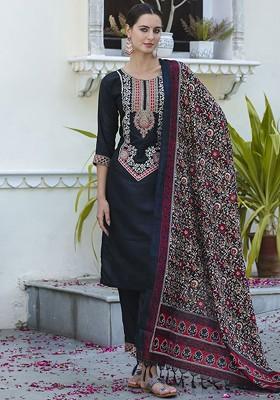 Black Floral Embroidered Poly Blend Kurta Set