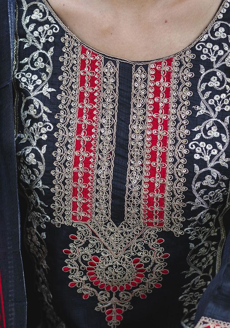Black Floral Embroidered Poly Blend Kurta Set