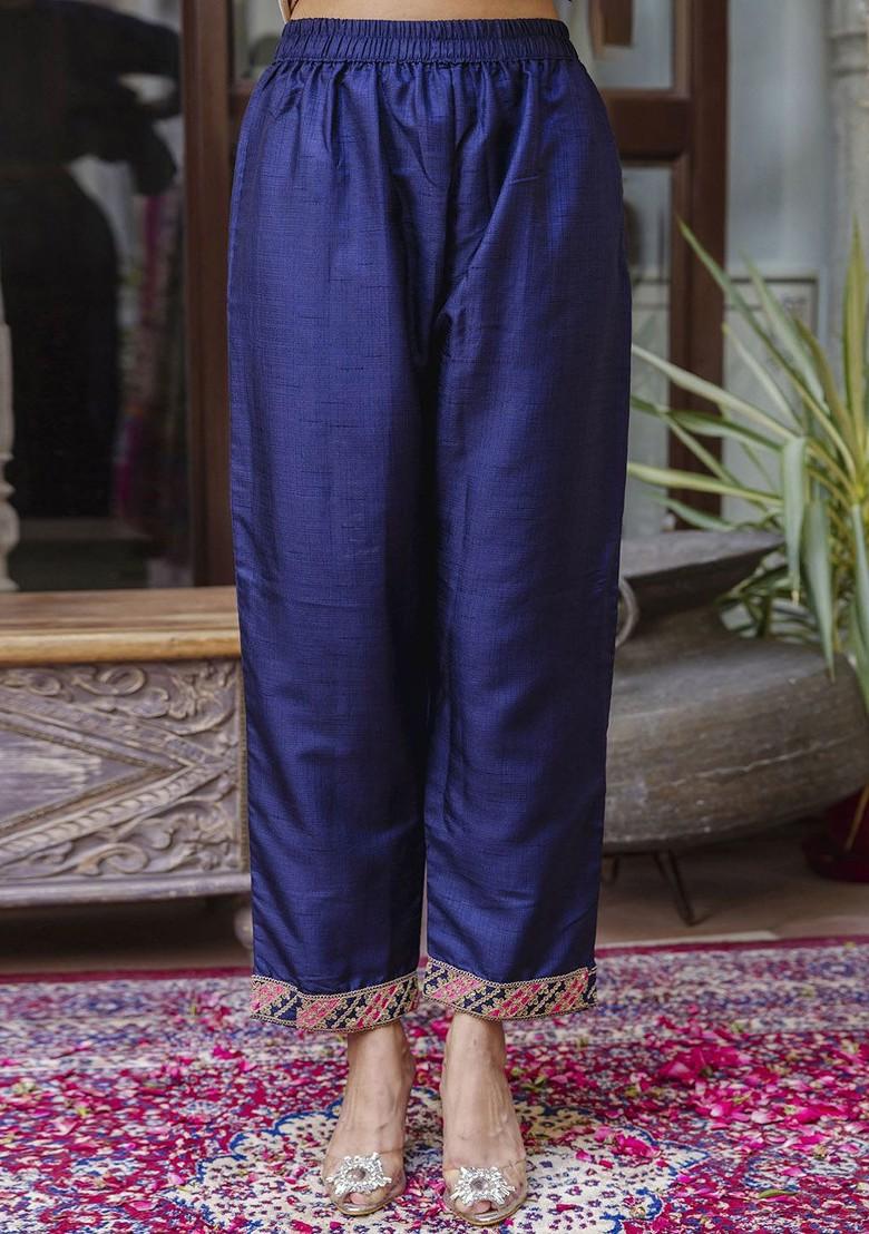 Navy Blue Floral Embroidered Poly Blend Kurta Set