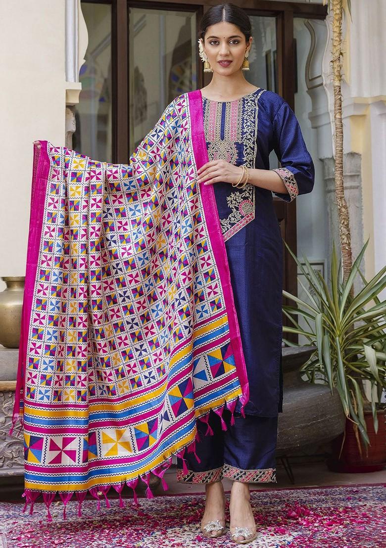 Navy Blue Floral Embroidered Poly Blend Kurta Set