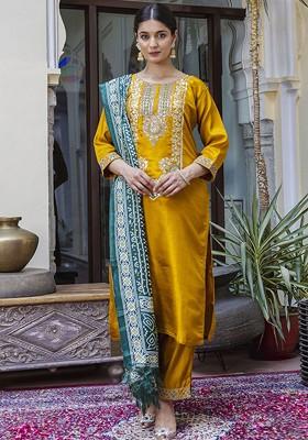 Yellow Floral Embroidered Poly Blend Kurta Set