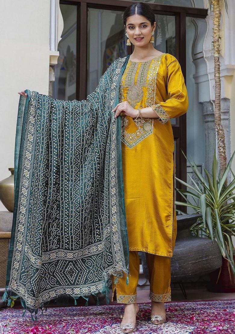 Yellow Floral Embroidered Poly Blend Kurta Set