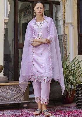 Lavender Floral Embroidered Poly Blend Kurta Set