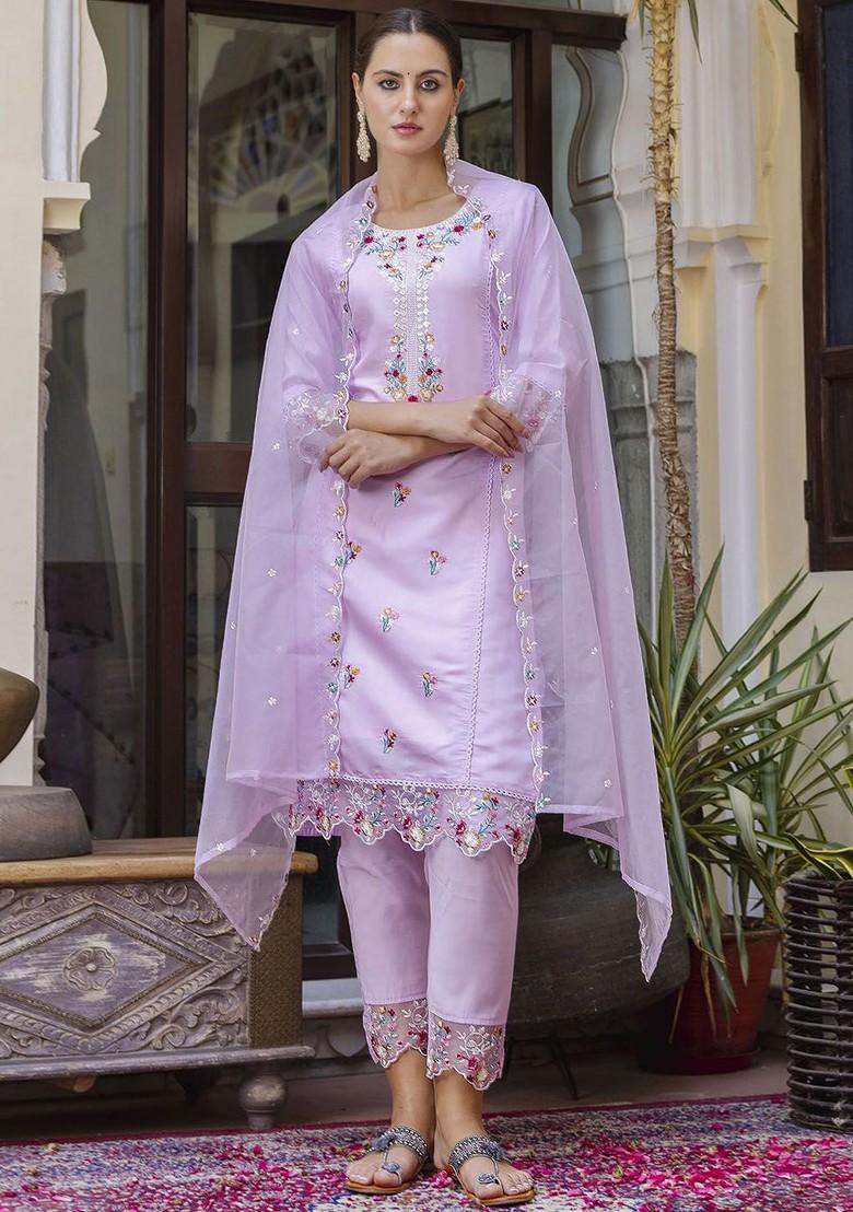 Lavender Floral Embroidered Poly Blend Kurta Set