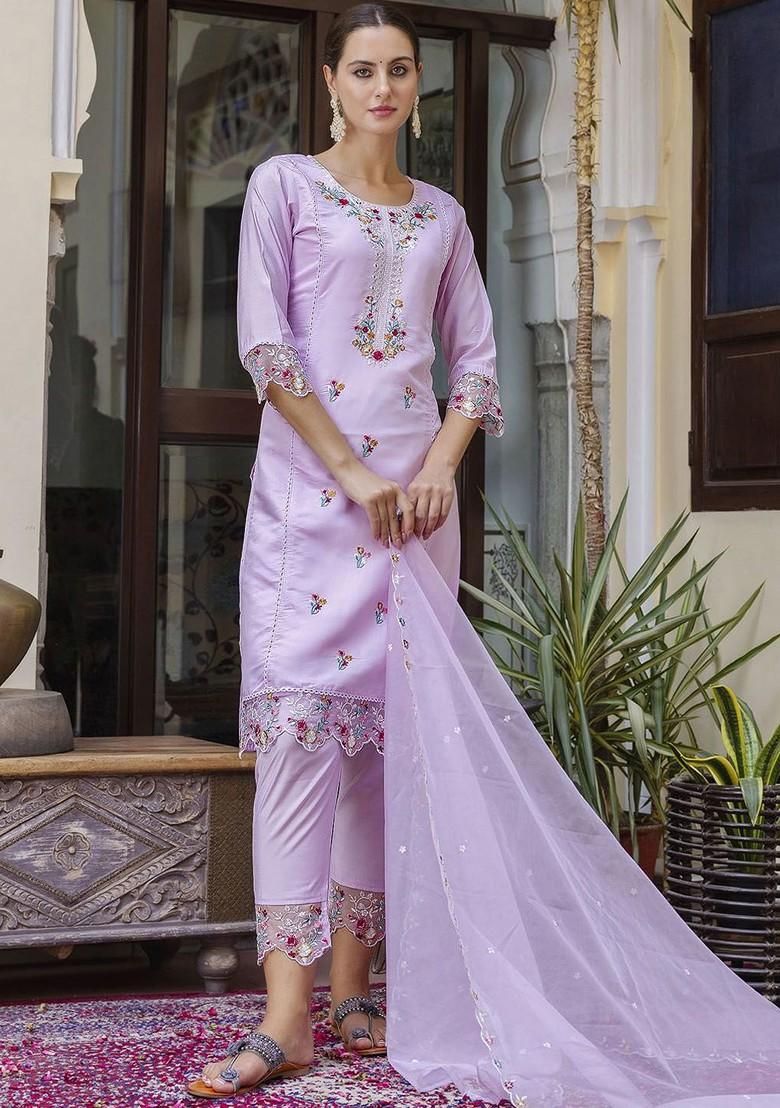 Lavender Floral Embroidered Poly Blend Kurta Set