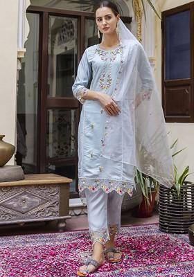 Blue Floral Embroidered Poly Blend Kurta Set