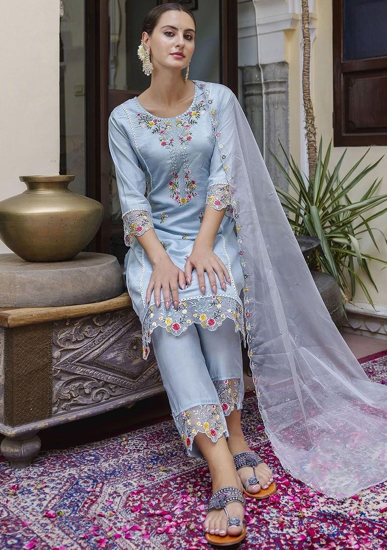 Blue Floral Embroidered Poly Blend Kurta Set