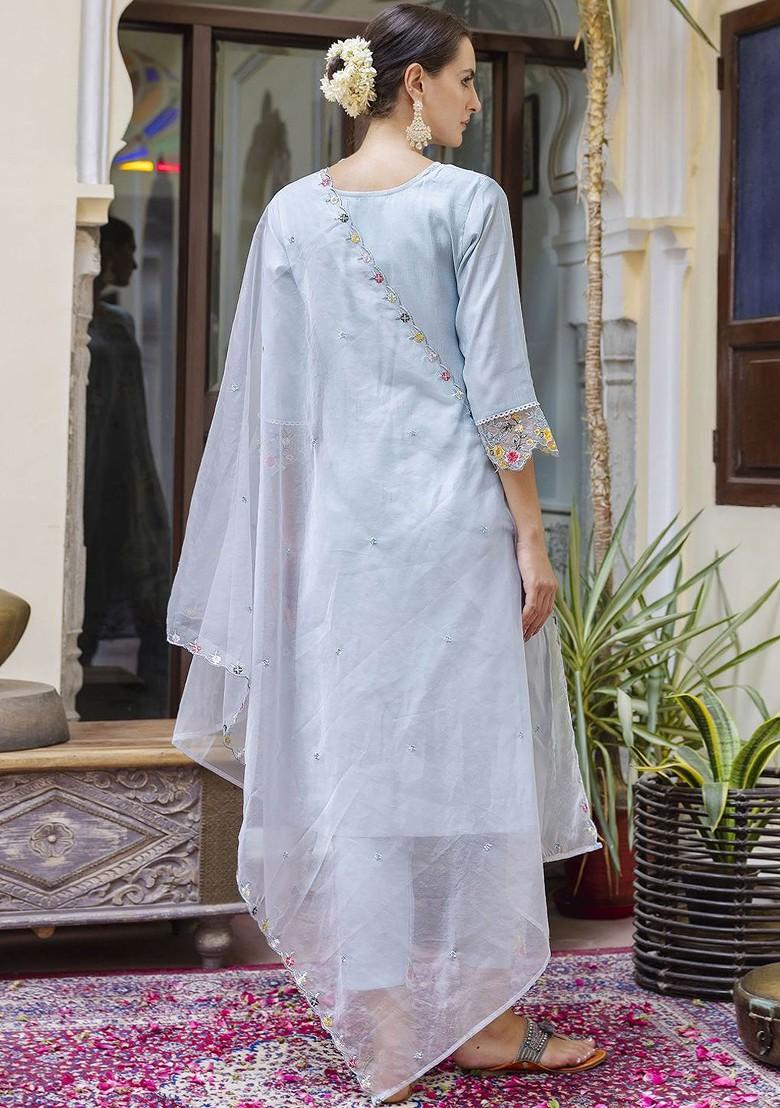 Blue Floral Embroidered Poly Blend Kurta Set