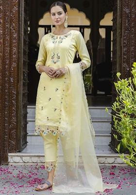 Yellow Floral Embroidered Poly Blend Kurta Set