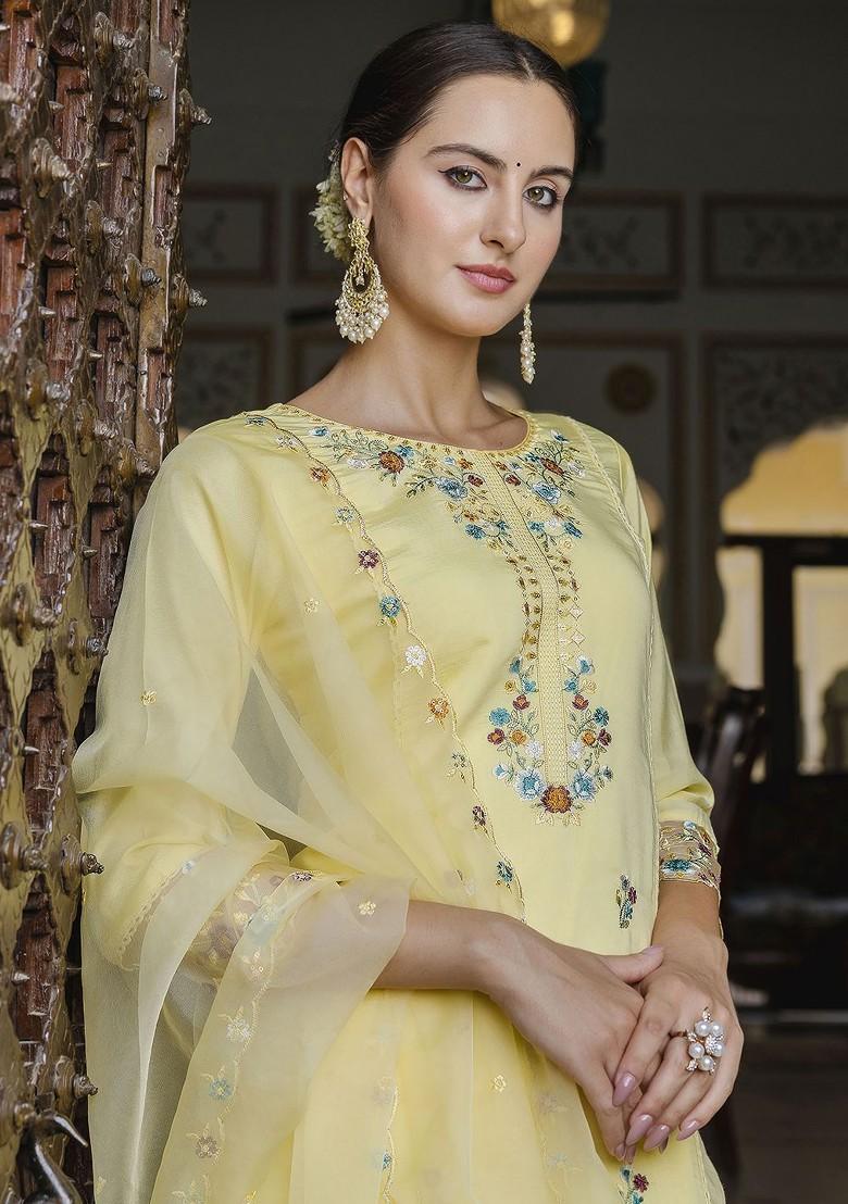 Yellow Floral Embroidered Poly Blend Kurta Set