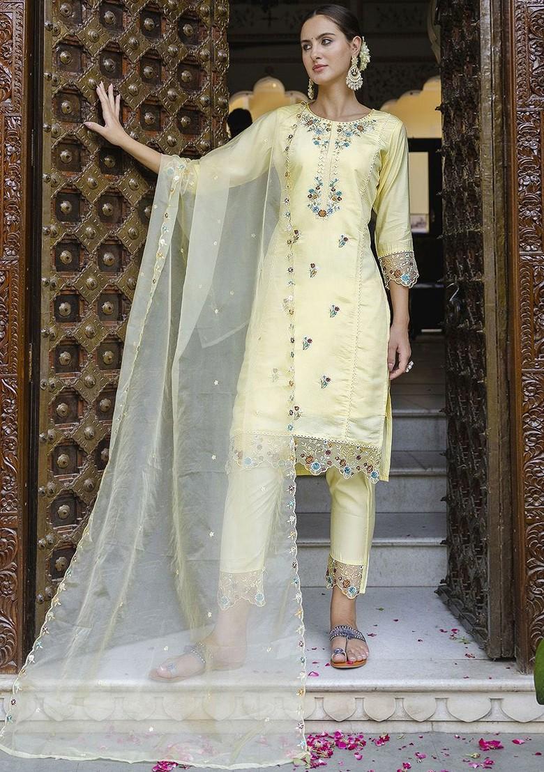 Yellow Floral Embroidered Poly Blend Kurta Set