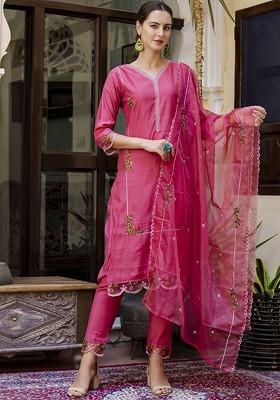 Pink Floral Embroidered Poly Blend Kurta Set