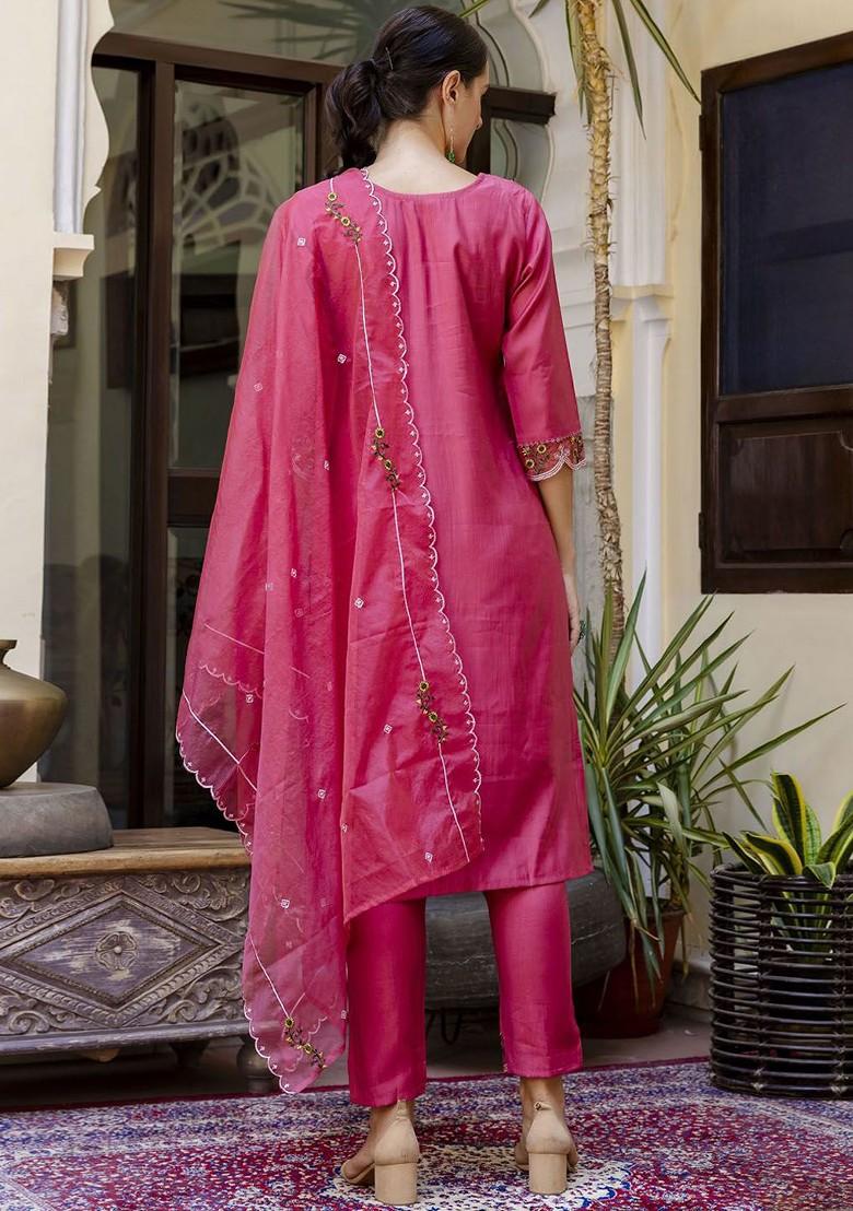 Pink Floral Embroidered Poly Blend Kurta Set