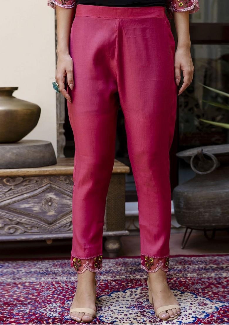 Pink Floral Embroidered Poly Blend Kurta Set