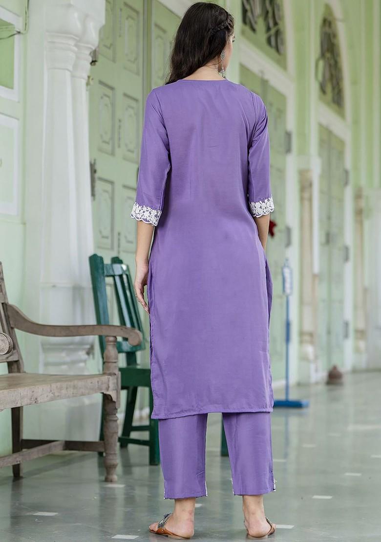 Lavender Floral Embroidered Poly Blend Kurta Set