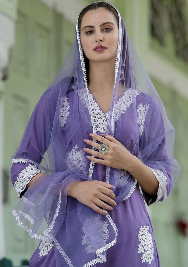Lavender Floral Embroidered Poly Blend Kurta Set