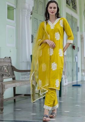 Yellow Floral Embroidered Poly Blend Kurta Set