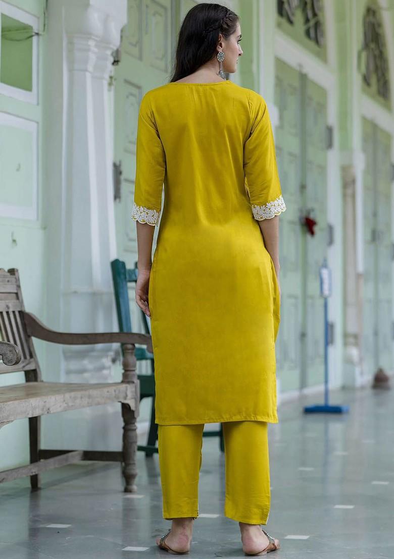 Yellow Floral Embroidered Poly Blend Kurta Set