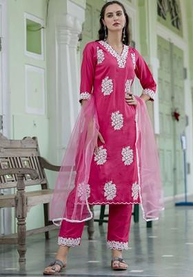 Pink Floral Embroidered Poly Blend Kurta Set