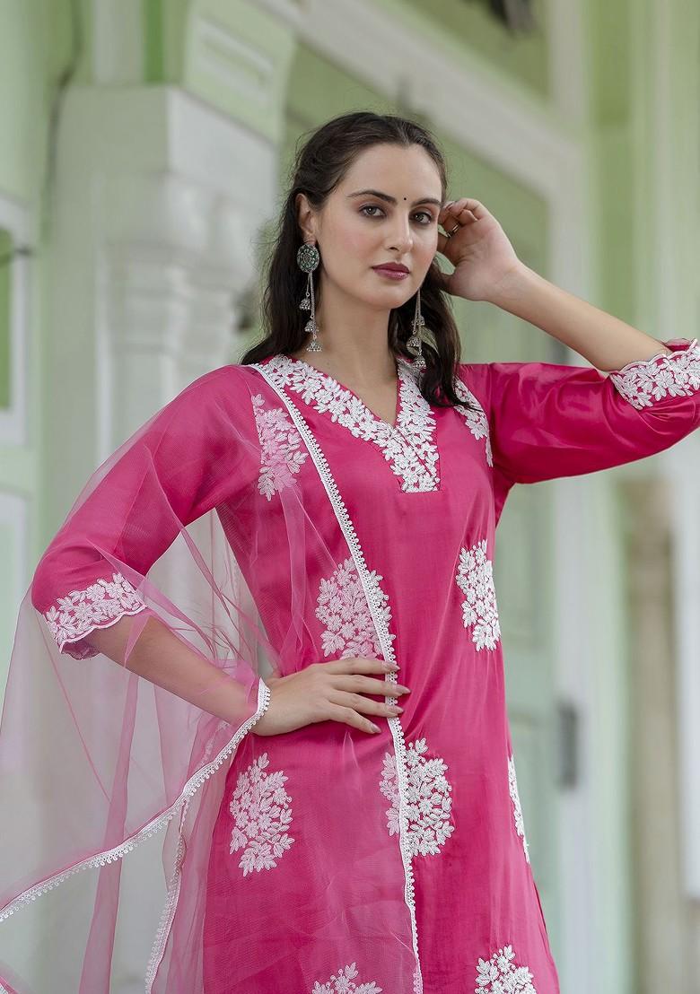 Pink Floral Embroidered Poly Blend Kurta Set