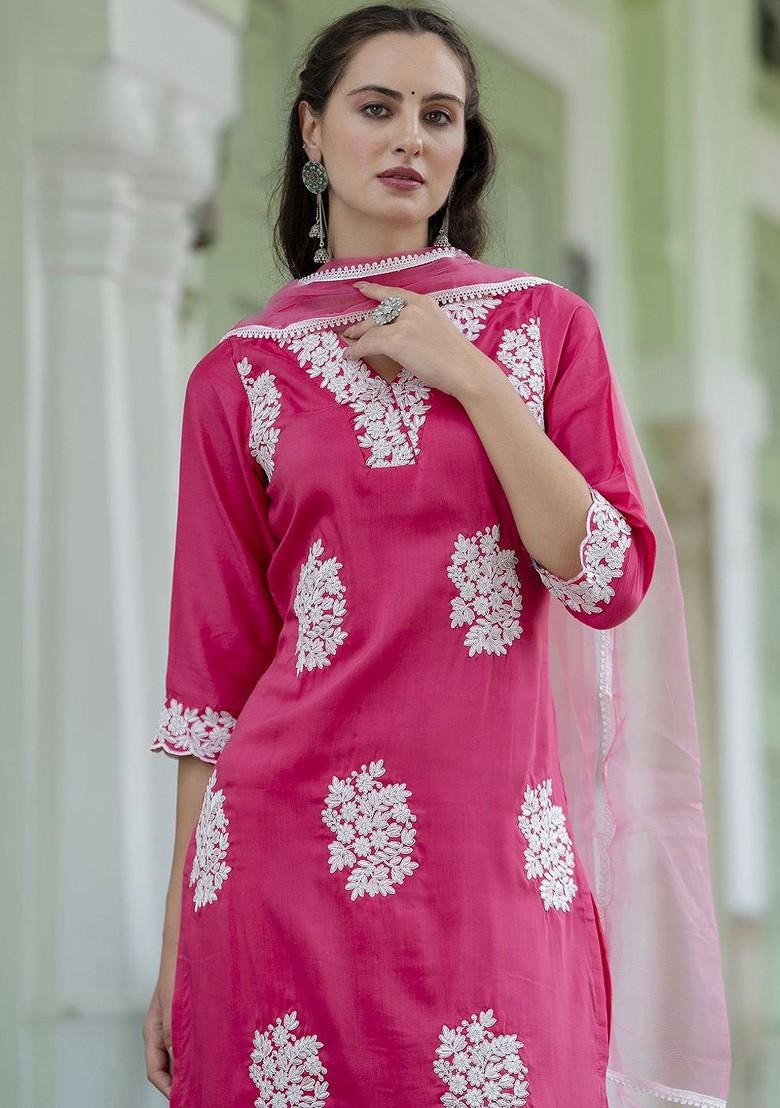 Pink Floral Embroidered Poly Blend Kurta Set