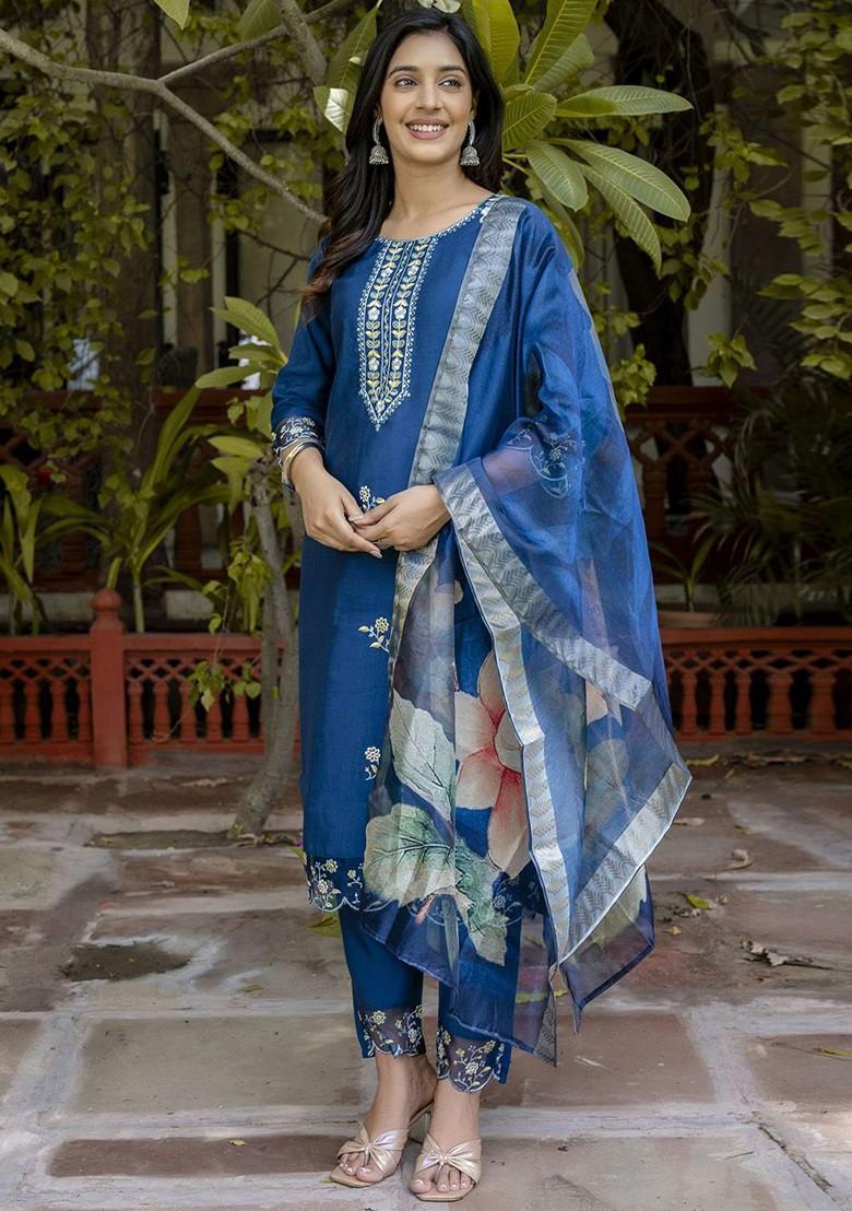 Blue Printed Poly Blend Kurta Set