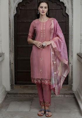 Pink Floral Embroidered Poly Blend Kurta Set