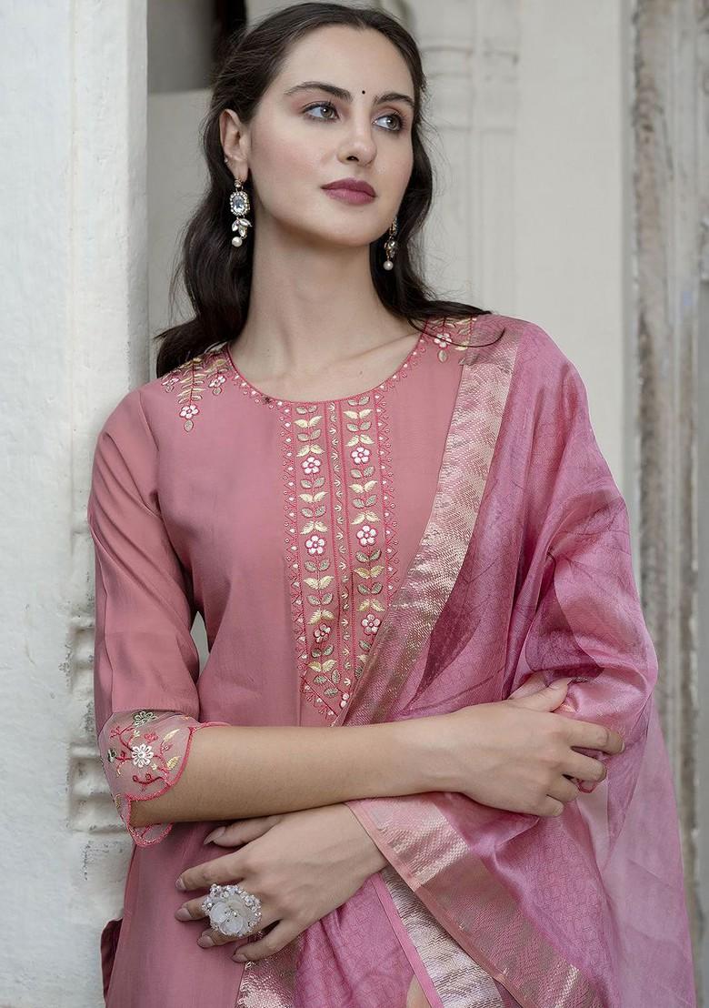 Pink Floral Embroidered Poly Blend Kurta Set