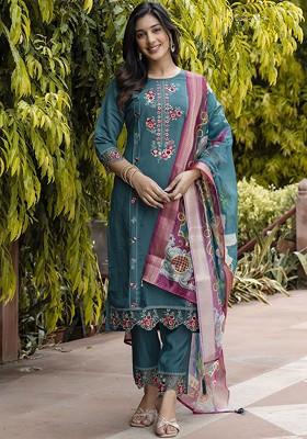Green Floral Embroidered Poly Blend Kurta Set