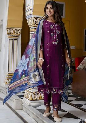 Purple Floral Embroidered Poly Blend Kurta Set